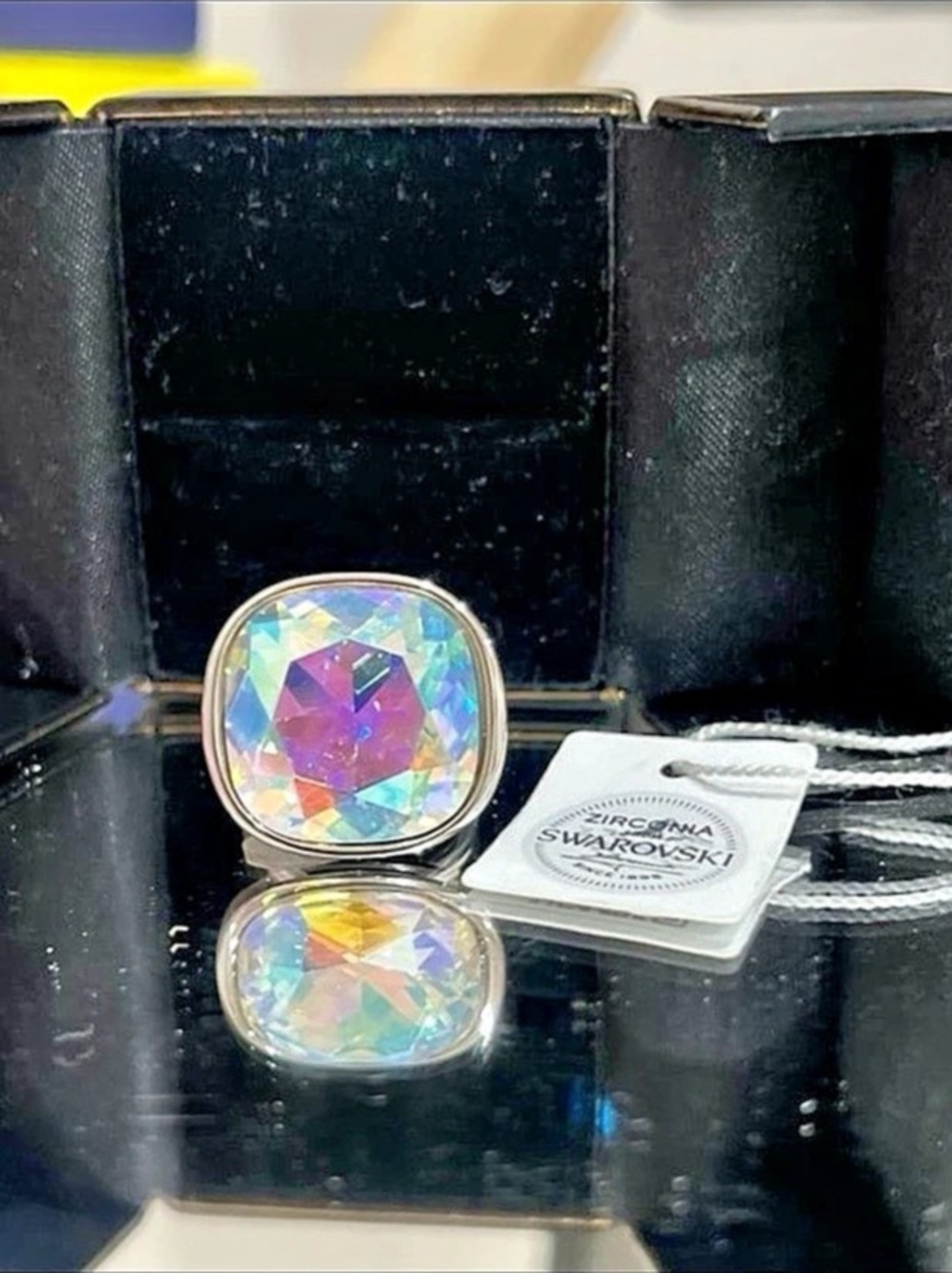 Swarovski Crystal Ring Cushion Cut Iridescent on steel new size 6 #527